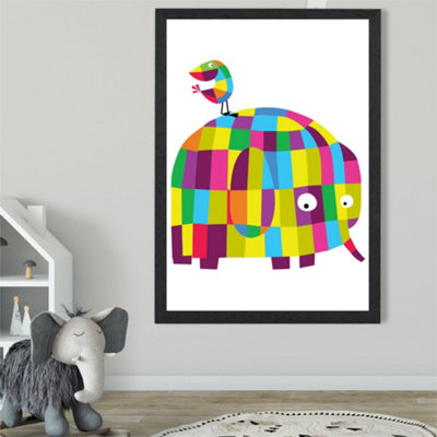 Artze Wall Art Elephant Bright Geometric Animal Framed Print Size: A2 With Black Frame from B&Q