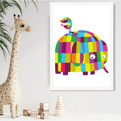 Artze Wall Art Elephant Bright Geometric Animal Framed Print Size: A2 With White Frame from B&Q