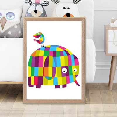 Artze Wall Art Elephant Bright Geometric Animal Framed Print Size: A2 With Oak Frame from B&Q