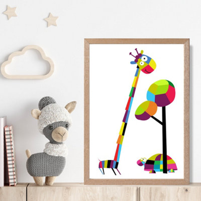 Artze Wall Art Giraffe Bright Geometric Animal Framed Print Size: A4 With Oak Frame from B&Q