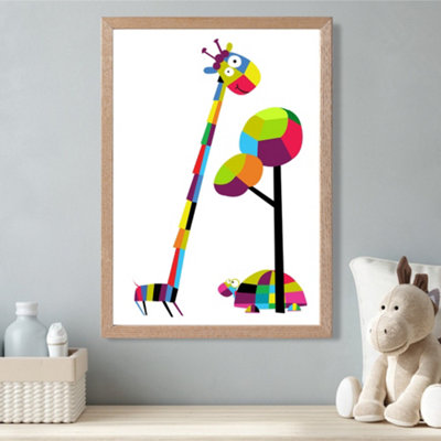 Artze Wall Art Giraffe Bright Geometric Animal Framed Print Size: A3 With Oak Frame from B&Q