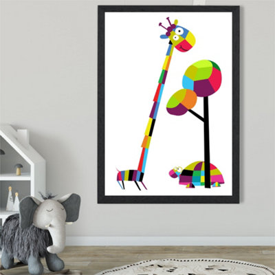 Artze Wall Art Giraffe Bright Geometric Animal Framed Print Size: A2 With Black Frame from B&Q