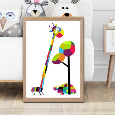 Artze Wall Art Giraffe Bright Geometric Animal Framed Print Size: A2 With Oak Frame from B&Q