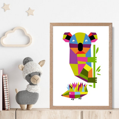 Artze Wall Art Koala Bright Geometric Animal Framed Print Size: A4 With Oak Frame from B&Q