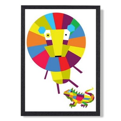 Artze Wall Art Lion Bright Geometric Animal Art Print With Black Frame Size: A4 from B&Q