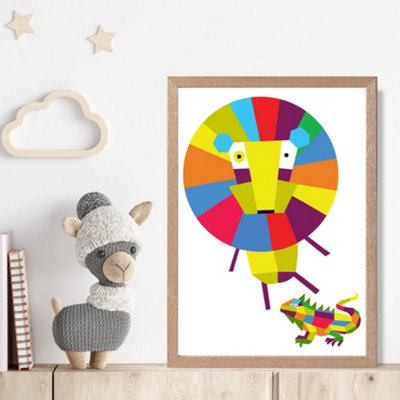 Artze Wall Art Lion Bright Geometric Animal Framed Print Size: A4 With Oak Frame from B&Q