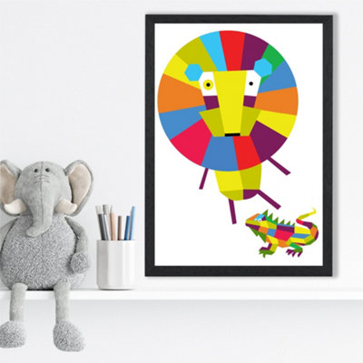Artze Wall Art Lion Bright Geometric Animal Framed Print Size: A3 With Black Frame from B&Q