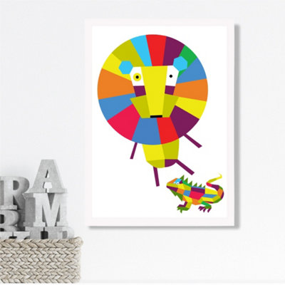 Artze Wall Art Lion Bright Geometric Animal Framed Print Size: A3 With White Frame from B&Q