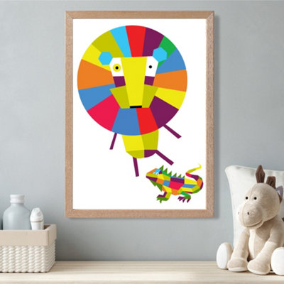 Artze Wall Art Lion Bright Geometric Animal Framed Print Size: A3 With Oak Frame from B&Q