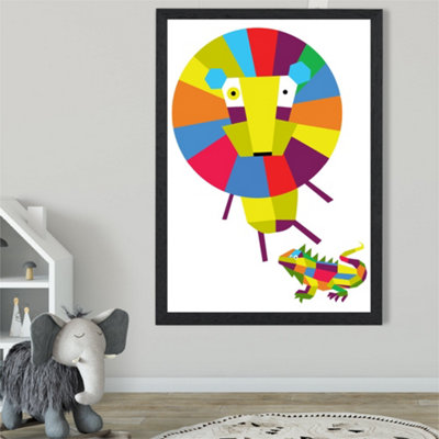 Artze Wall Art Lion Bright Geometric Animal Framed Print Size: A2 With Black Frame from B&Q