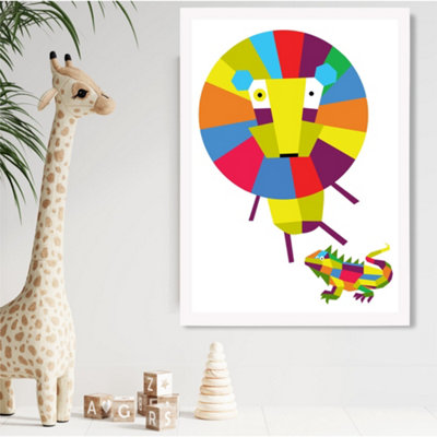 Artze Wall Art Lion Bright Geometric Animal Framed Print Size: A2 With White Frame from B&Q