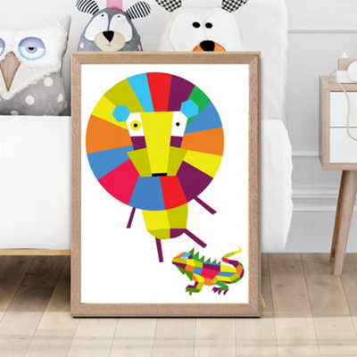 Artze Wall Art Lion Bright Geometric Animal Framed Print Size: A2 With Oak Frame from B&Q