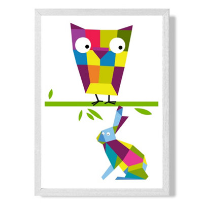 Artze Wall Art Owl Bright Geometric Animal Art Print With White Frame Size: A4 from B&Q