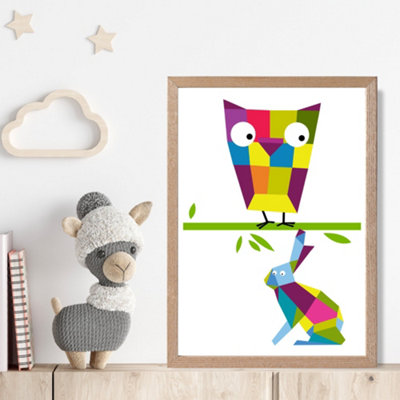 Artze Wall Art Owl Bright Geometric Animal Framed Print Size: A4 With Oak Frame from B&Q