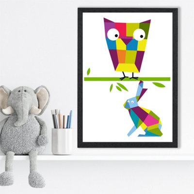 Artze Wall Art Owl Bright Geometric Animal Framed Print Size: A3 With Black Frame from B&Q