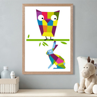 Artze Wall Art Owl Bright Geometric Animal Framed Print Size: A3 With Oak Frame from B&Q
