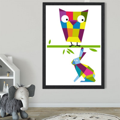Artze Wall Art Owl Bright Geometric Animal Framed Print Size: A2 With Black Frame from B&Q