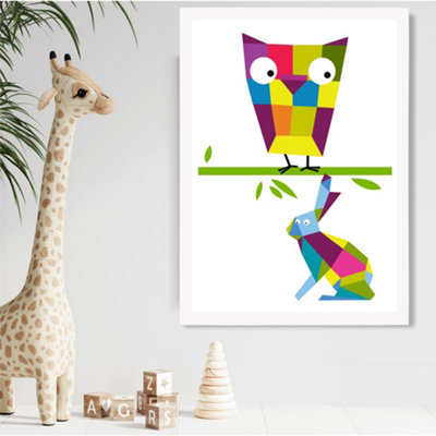 Artze Wall Art Owl Bright Geometric Animal Framed Print Size: A2 With White Frame from B&Q