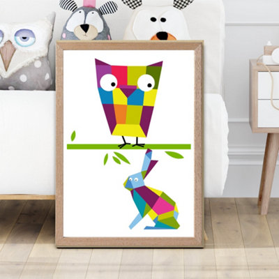 Artze Wall Art Owl Bright Geometric Animal Framed Print Size: A2 With Oak Frame from B&Q