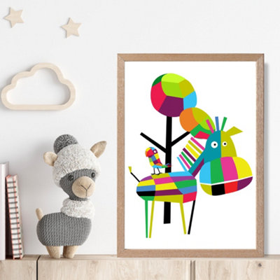 Artze Wall Art Zebra Bright Geometric Animal Framed Print Size: A4 With Oak Frame from B&Q