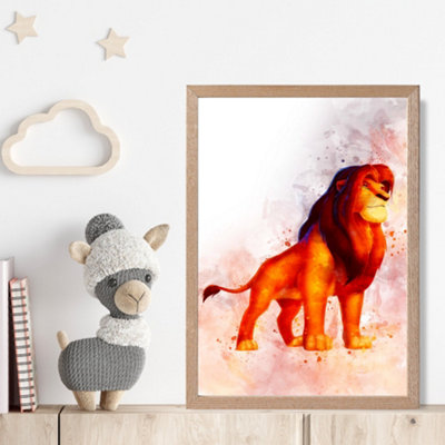 Artze Wall Art Mufasa Watercolour Lion King Framed Print Size: A4 With Oak Frame