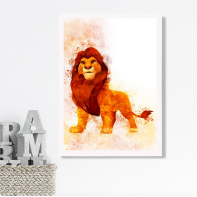 Artze Wall Art Simba Watercolour Lion King Framed Print Size: A3 With White Frame