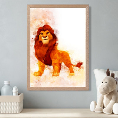 Artze Wall Art Simba Watercolour Lion King Framed Print Size: A3 With Oak Frame