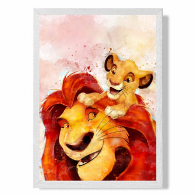 Artze Wall Art Mufasa And Simba Watercolour Lion King Art Print With White Frame Size: A4