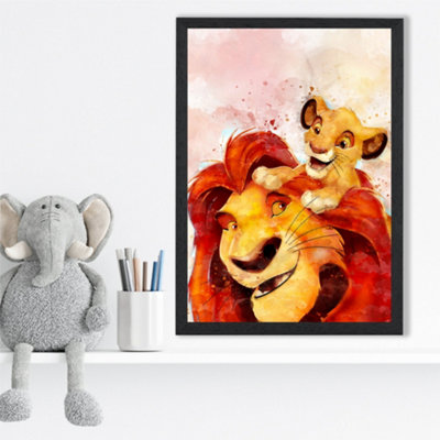 Artze Wall Art Mufasa And Simba Watercolour Lion King Framed Print Size: A3 With Black Frame