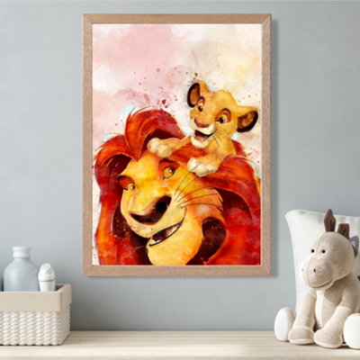 Artze Wall Art Mufasa And Simba Watercolour Lion King Framed Print Size: A3 With Oak Frame