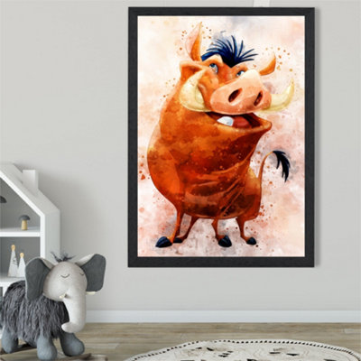 Artze Wall Art Pumba Watercolour Lion King Framed Print Size: A2 With Black Frame