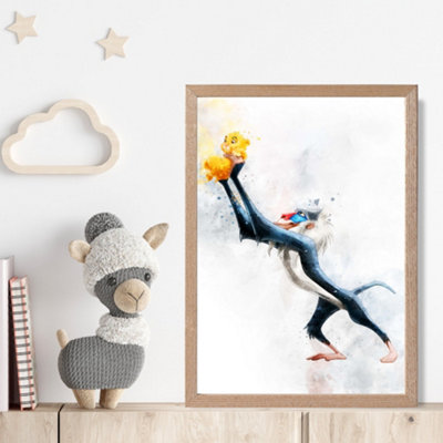 Artze Wall Art Rafiki Watercolour Lion King Framed Print Size: A4 With Oak Frame