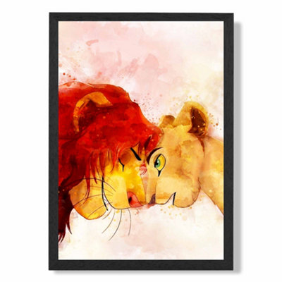 Artze Wall Art Simba And Nala Watercolour Lion King Art Print With Black Frame Size: A4 from B&Q