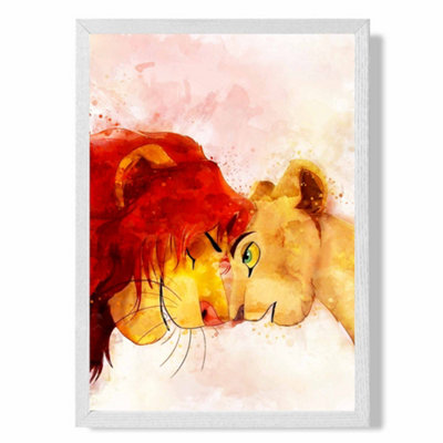 Artze Wall Art Simba And Nala Watercolour Lion King Art Print With White Frame Size: A4 from B&Q