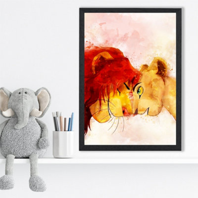Artze Wall Art Simba And Nala Watercolour Lion King Framed Print Size: A3 With Black Frame from B&Q