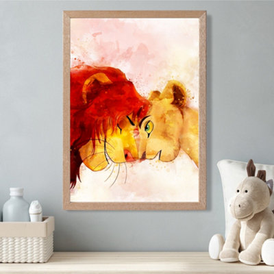 Artze Wall Art Simba And Nala Watercolour Lion King Framed Print Size: A3 With Oak Frame from B&Q