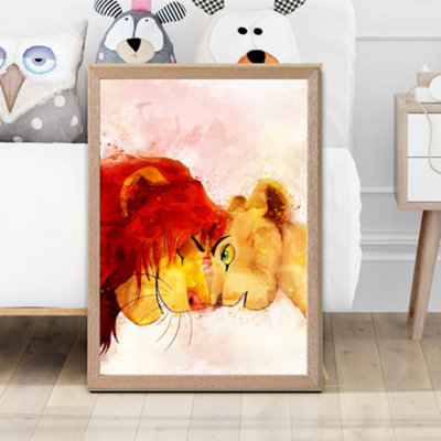 Artze Wall Art Simba And Nala Watercolour Lion King Framed Print Size: A2 With Oak Frame from B&Q