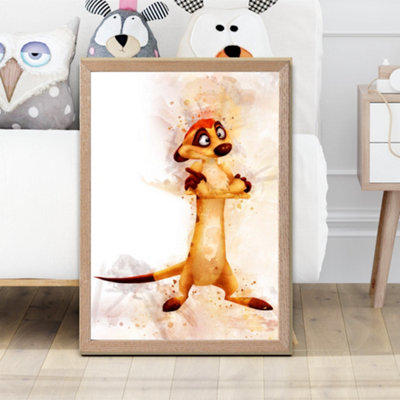 Artze Wall Art Timon Watercolour Lion King Framed Print Size: A2 With Oak Frame from B&Q