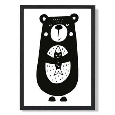 Artze Wall Art Cute Black Bear Scandi Animal Art Print With Black Frame Size: A4 from B&Q