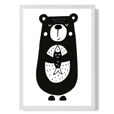 Artze Wall Art Cute Black Bear Scandi Animal Art Print With White Frame Size: A4 from B&Q