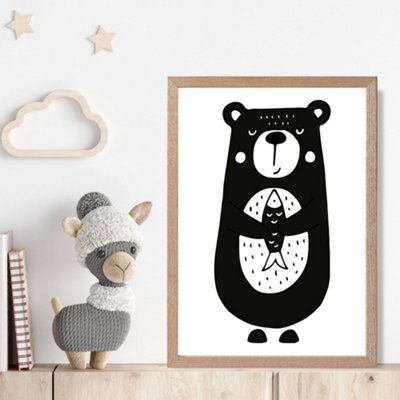 Artze Wall Art Cute Black Bear Scandi Animal Framed Print Size: A4 With Oak Frame from B&Q