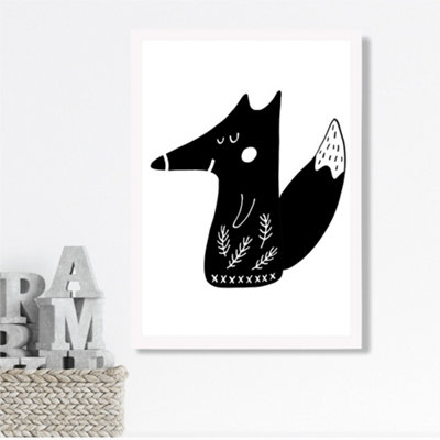 Artze Wall Art Cute Black Fox Scandi Animal Framed Print Size: A3 With White Frame from B&Q