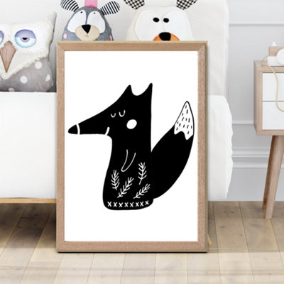 Artze Wall Art Cute Black Fox Scandi Animal Framed Print Size: A2 With Oak Frame from B&Q
