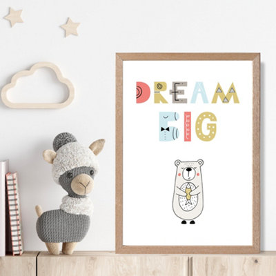 Artze Wall Art Cute Dream Big Bear Scandi Quote Framed Print Size: A4 With Oak Frame from B&Q