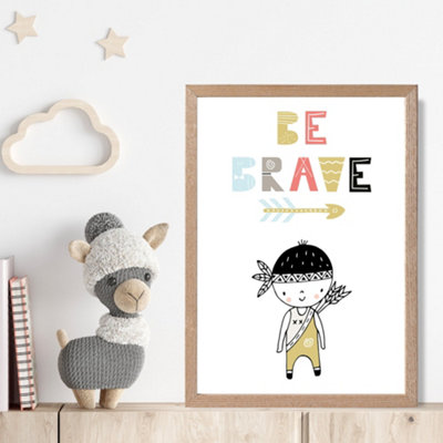 Artze Wall Art Cute Colourful Be Brave Little Boy Scandi Quote Framed Print Size: A4 With Oak Frame from B&Q