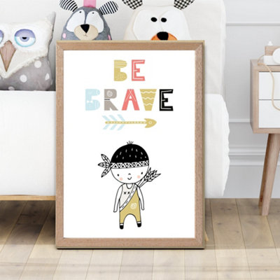 Artze Wall Art Cute Colourful Be Brave Little Boy Scandi Quote Framed Print Size: A2 With Oak Frame from B&Q