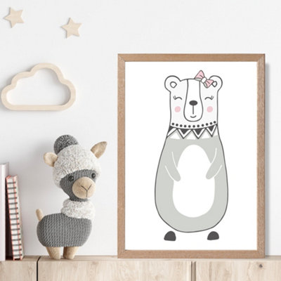 Artze Wall Art Cute Grey Mama Bear Scandi Animal Framed Print Size: A4 With Oak Frame from B&Q
