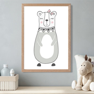 Artze Wall Art Cute Grey Mama Bear Scandi Animal Framed Print Size: A3 With Oak Frame from B&Q