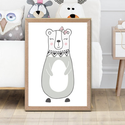 Artze Wall Art Cute Grey Mama Bear Scandi Animal Framed Print Size: A2 With Oak Frame from B&Q