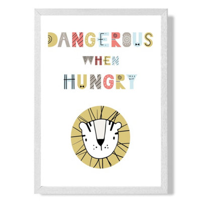 Artze Wall Art Cute Dangerous When Hungry Lion Scandi Quote Art Print With White Frame Size: A4 from B&Q
